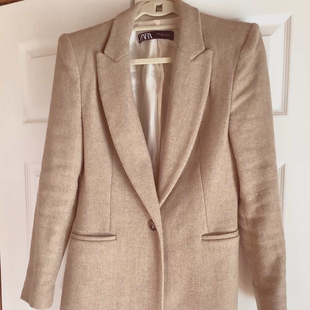 Zara long wool blazer with shoulder pads, beige, S